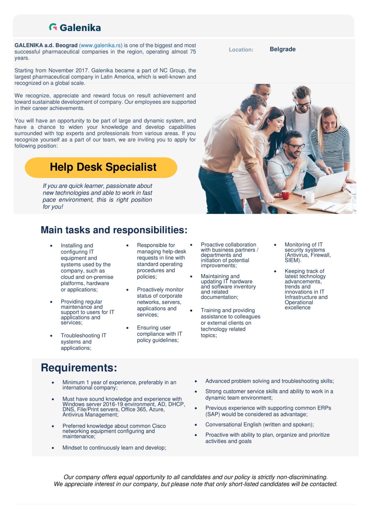 Help Desk Specialist Galenika A d 